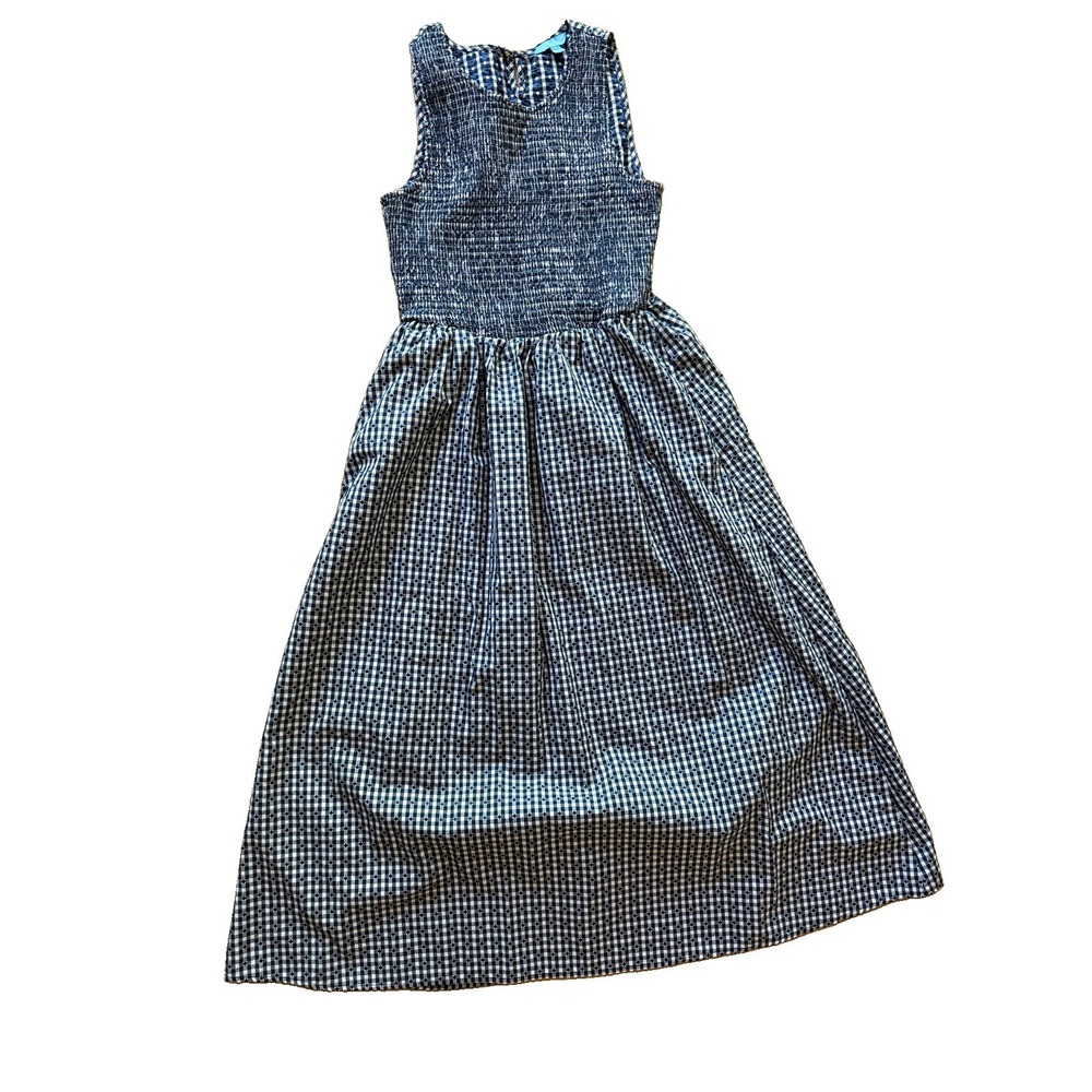 Draper James Gingham Smocked Maxi Dress Navy Blue White Diamonds Pockets Size S